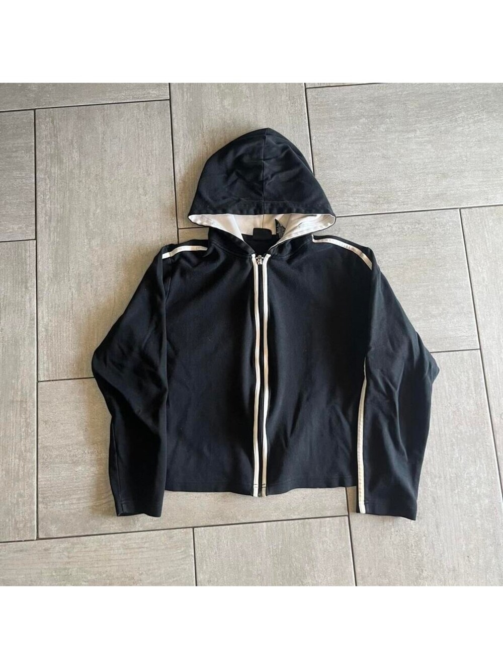 NY Jeans New York & Company Black White Stripe Zip Up Hoodie Sweatshirt Large